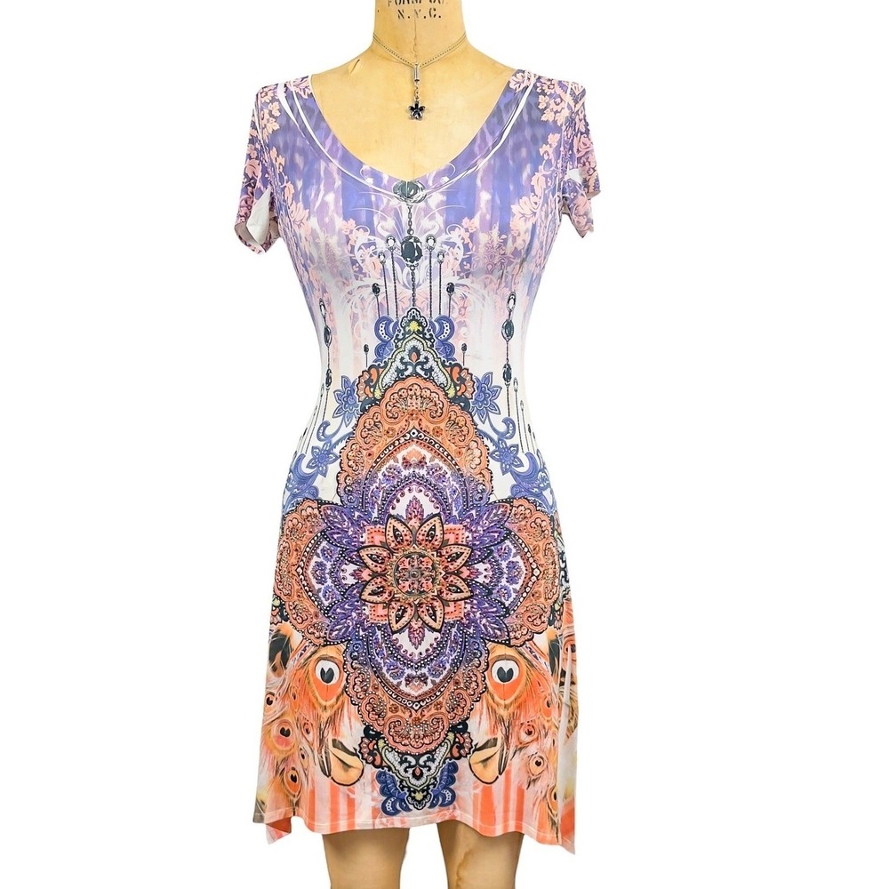 Y2K Grunge Rhinestone Multicolor Tunic Top Handkerchief Hem Mandala Graphic S